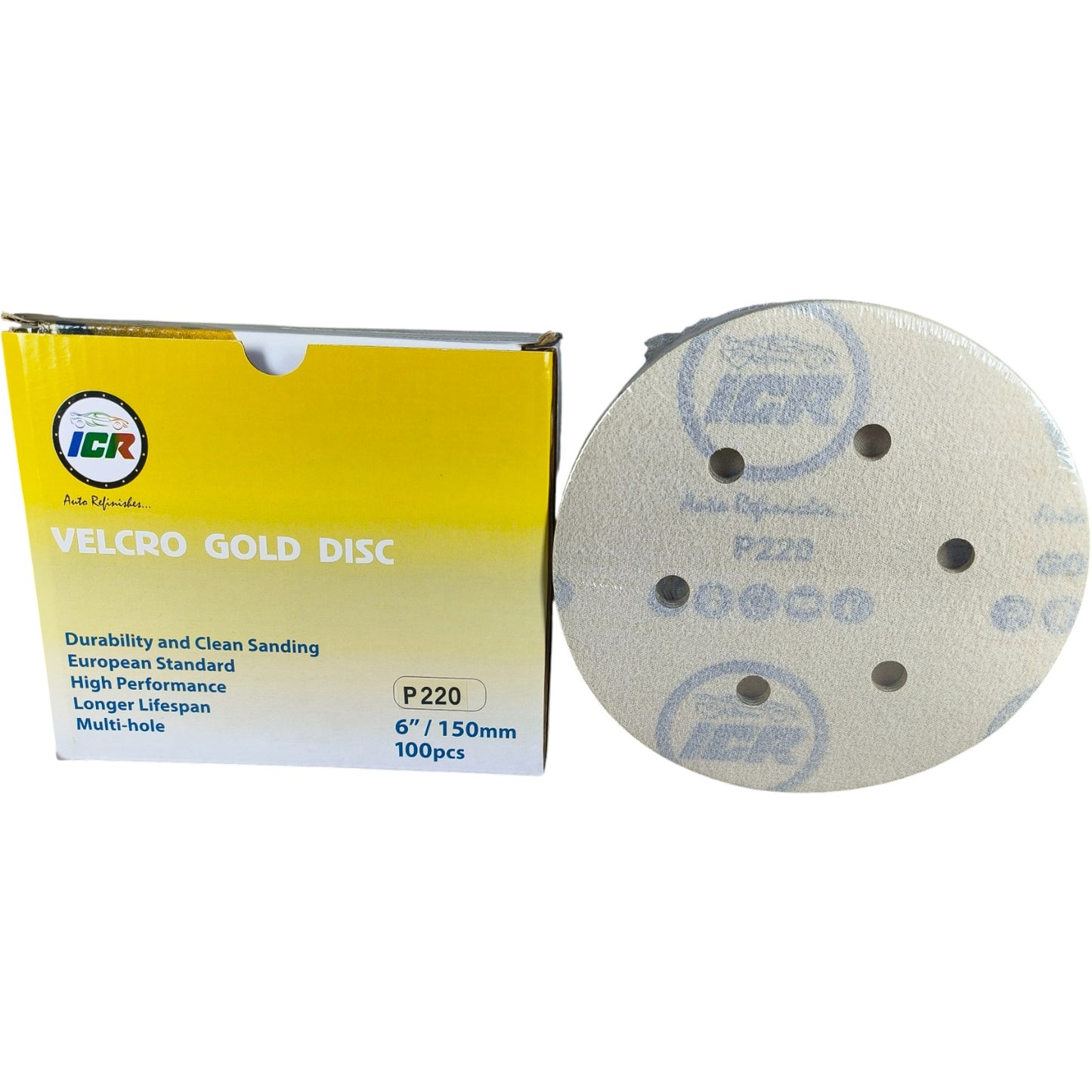 ICR Velcro Gold Sanding Discs – P220 Grit, 6” (150mm), Multi-hole, 100 Pcs Pack
