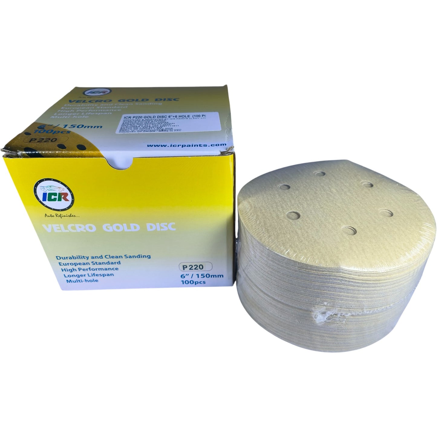 ICR Velcro Gold Sanding Discs – P220 Grit, 6” (150mm), Multi-hole, 100 Pcs Pack