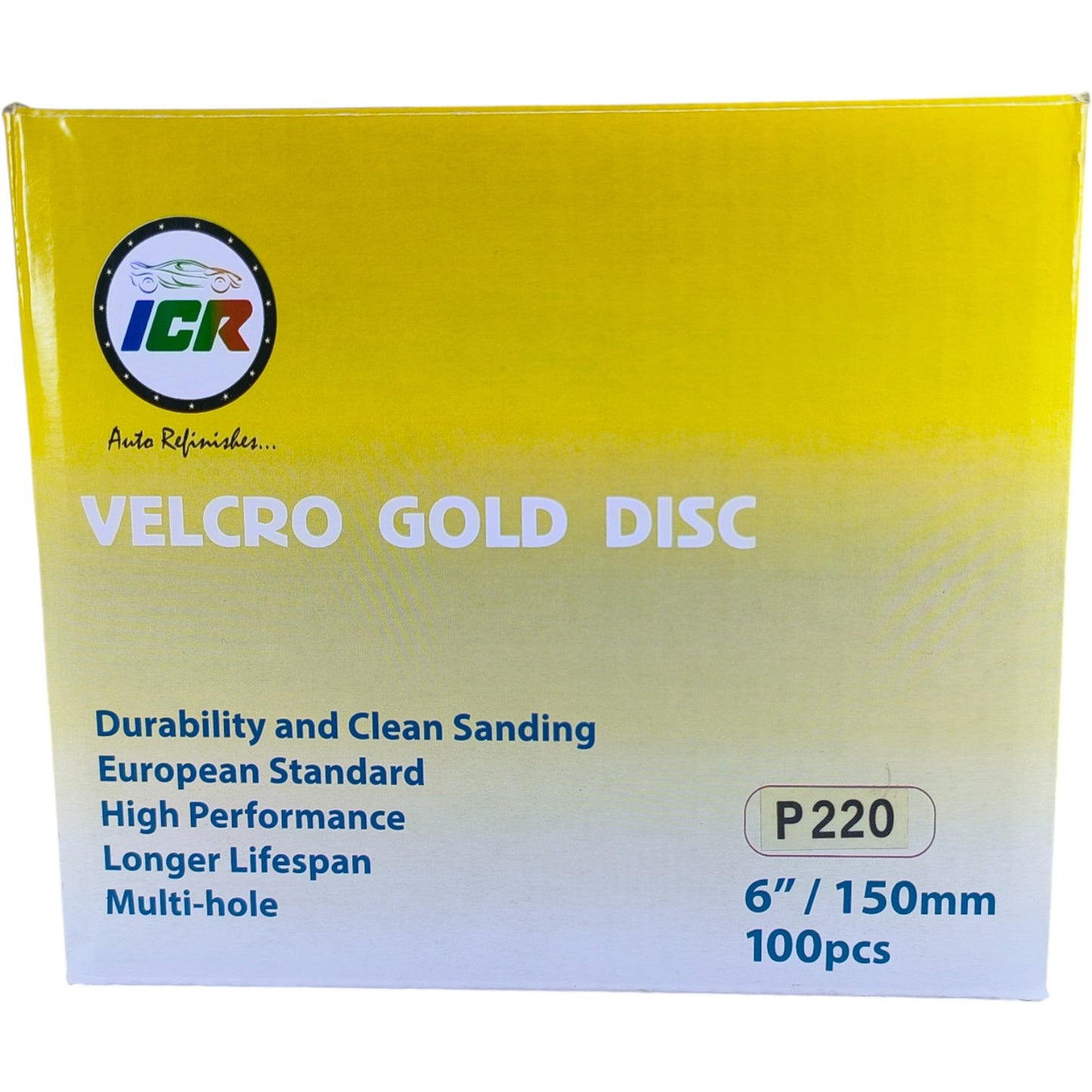 ICR Velcro Gold Sanding Discs – P220 Grit, 6” (150mm), Multi-hole, 100 Pcs Pack