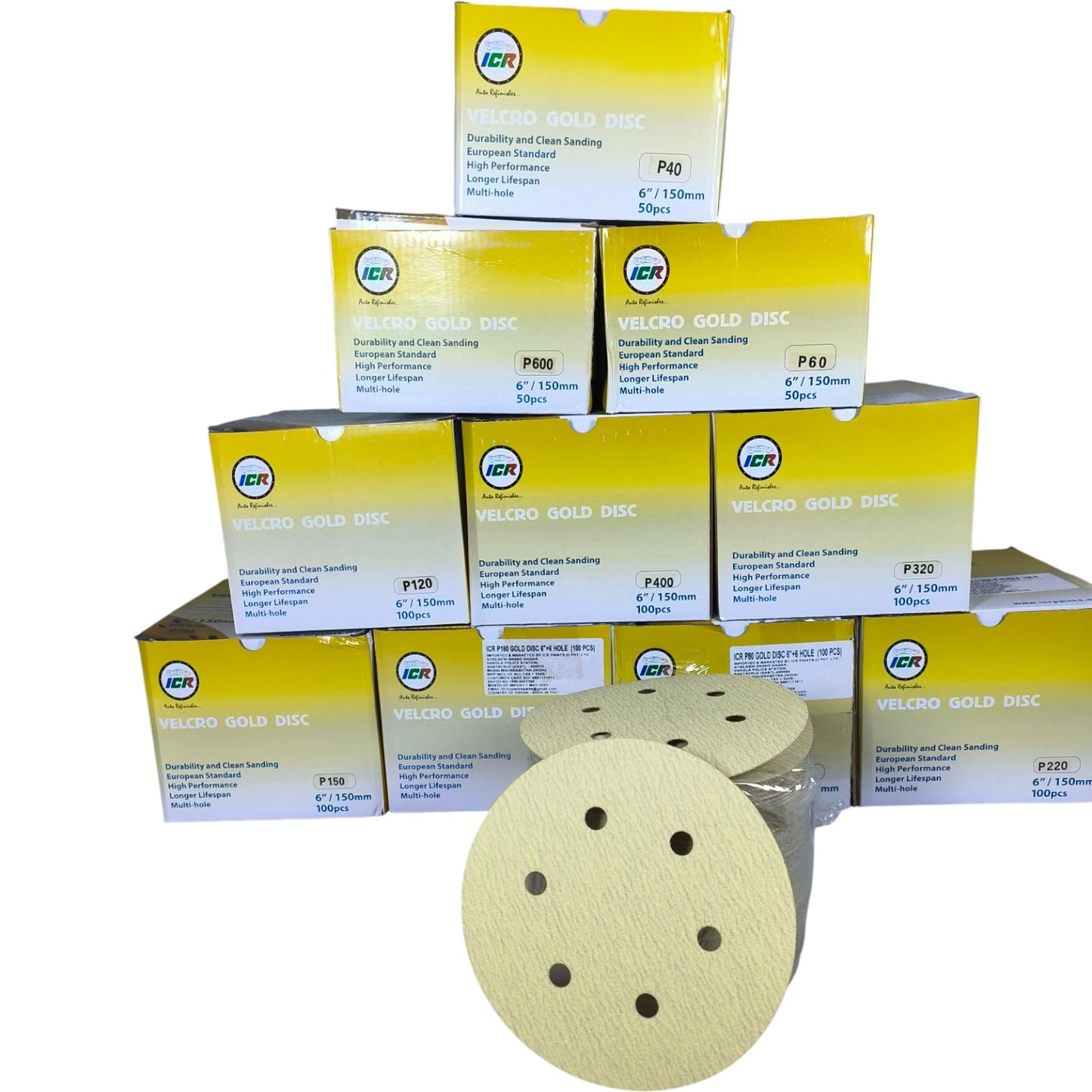 ICR Velcro Gold Sanding Discs – P220 Grit, 6” (150mm), Multi-hole, 100 Pcs Pack