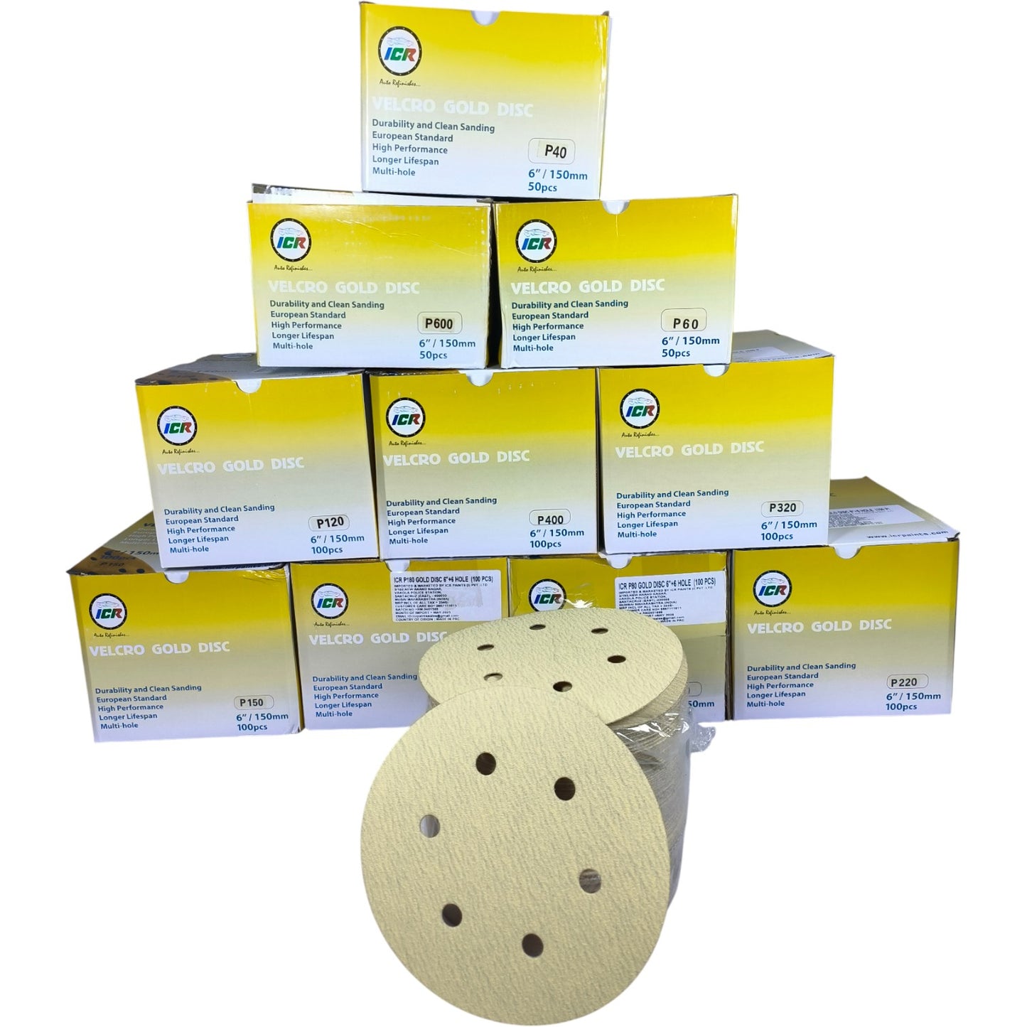 ICR Velcro Gold Sanding Discs – P220 Grit, 6” (150mm), Multi-hole, 100 Pcs Pack