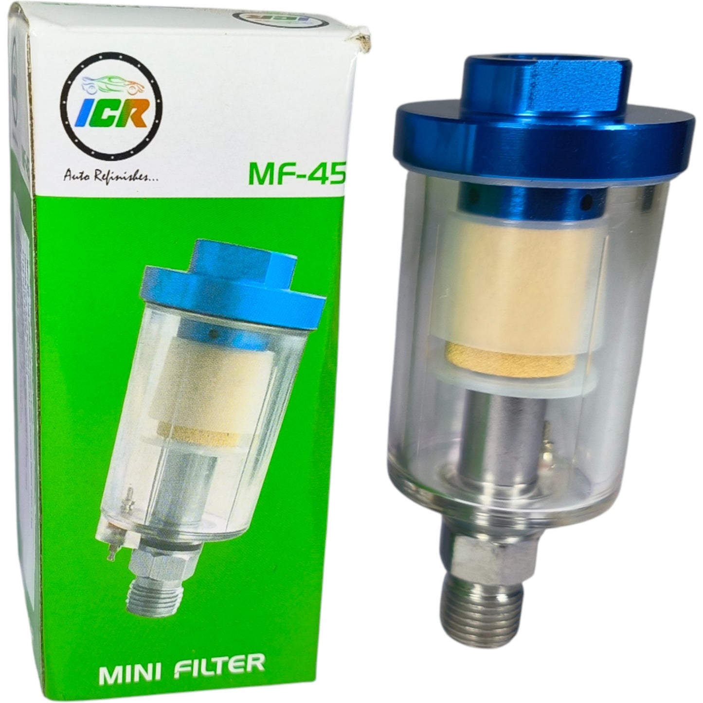 ICR MF-45 Mini Air Filter for Spray Guns & Compressors – Blue Aluminum Body, 1/4” Male Thread  Description