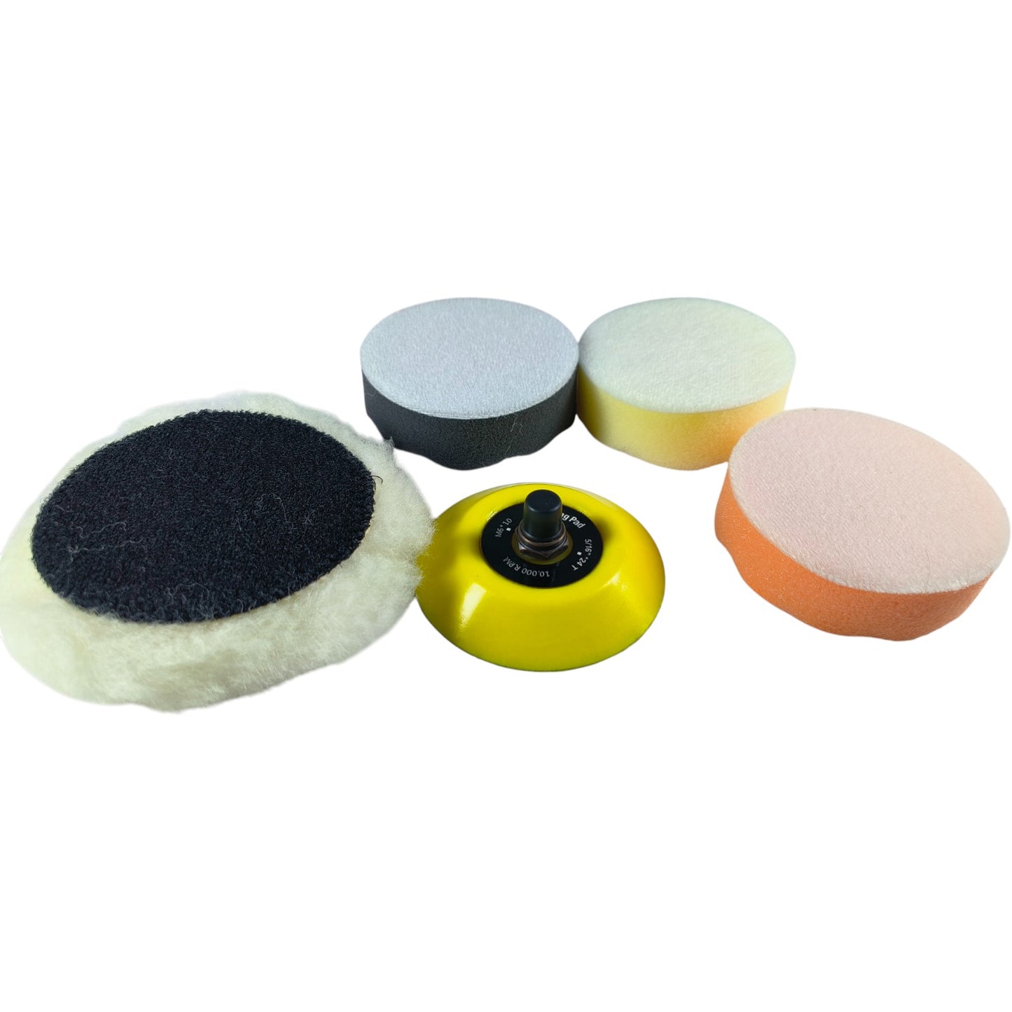Multi-Stage Polishing Pad Kit – Wool, Foam, Velcro, DA/Rotary Compatible (Set of 5 Pads + Backing Plate)