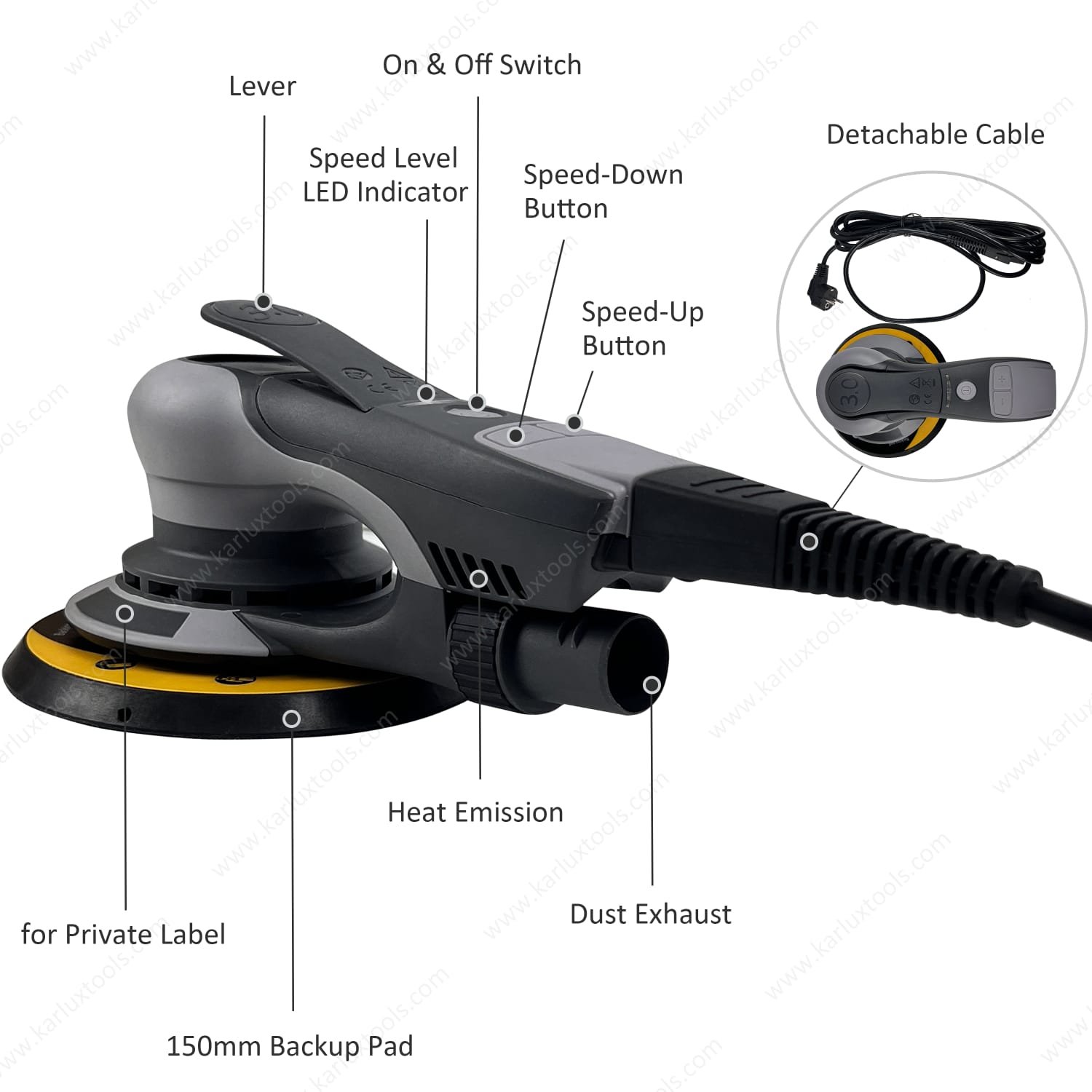 6 Inch (150mm) Brushless Dual Action Random Orbital Sander | Electric DA Sander with Variable Speed, Dust Extraction & Detachable Cable | Automotive Car Body Sanding & Woodworking Tool