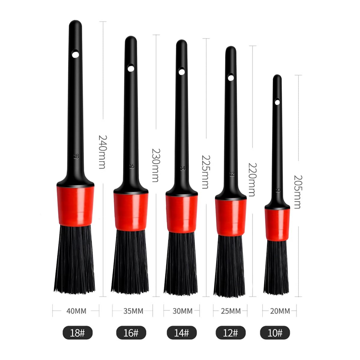 Autocosmetics Car Detailing Brush Set – 5 Sizes  (sizes 10, 12, 14, 16, 18)  for Interior & Exterior Cleaning