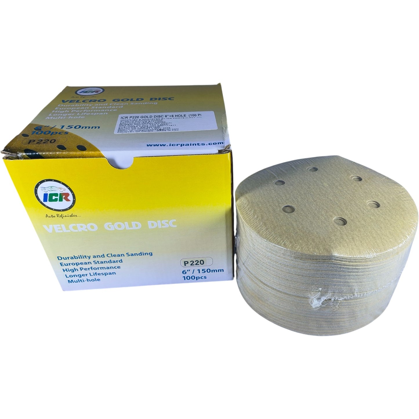 ICR Velcro Gold Sanding Discs – P220 Grit, 6” (150mm), Multi-hole, 100 Pcs Pack