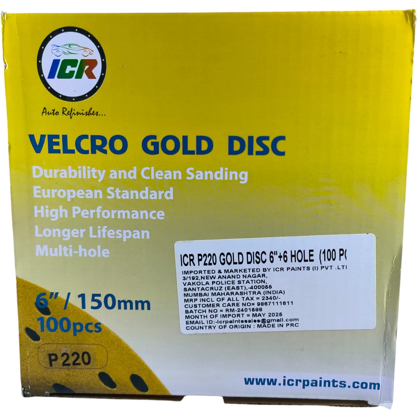 ICR Velcro Gold Sanding Discs – P220 Grit, 6” (150mm), Multi-hole, 100 Pcs Pack