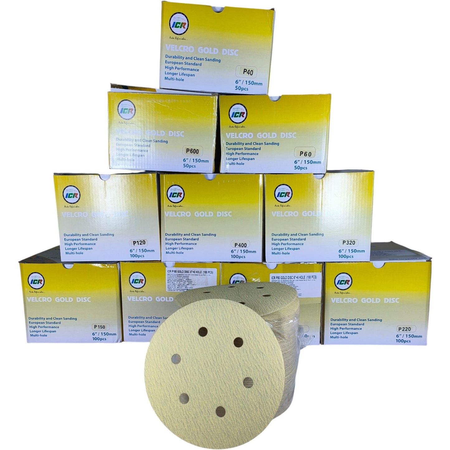 ICR Velcro Gold Sanding Discs – P220 Grit, 6” (150mm), Multi-hole, 100 Pcs Pack