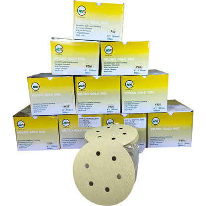 ICR Velcro Gold Sanding Discs –  Grit, 6” (150mm), Multi-hole, 100 Pcs Pack