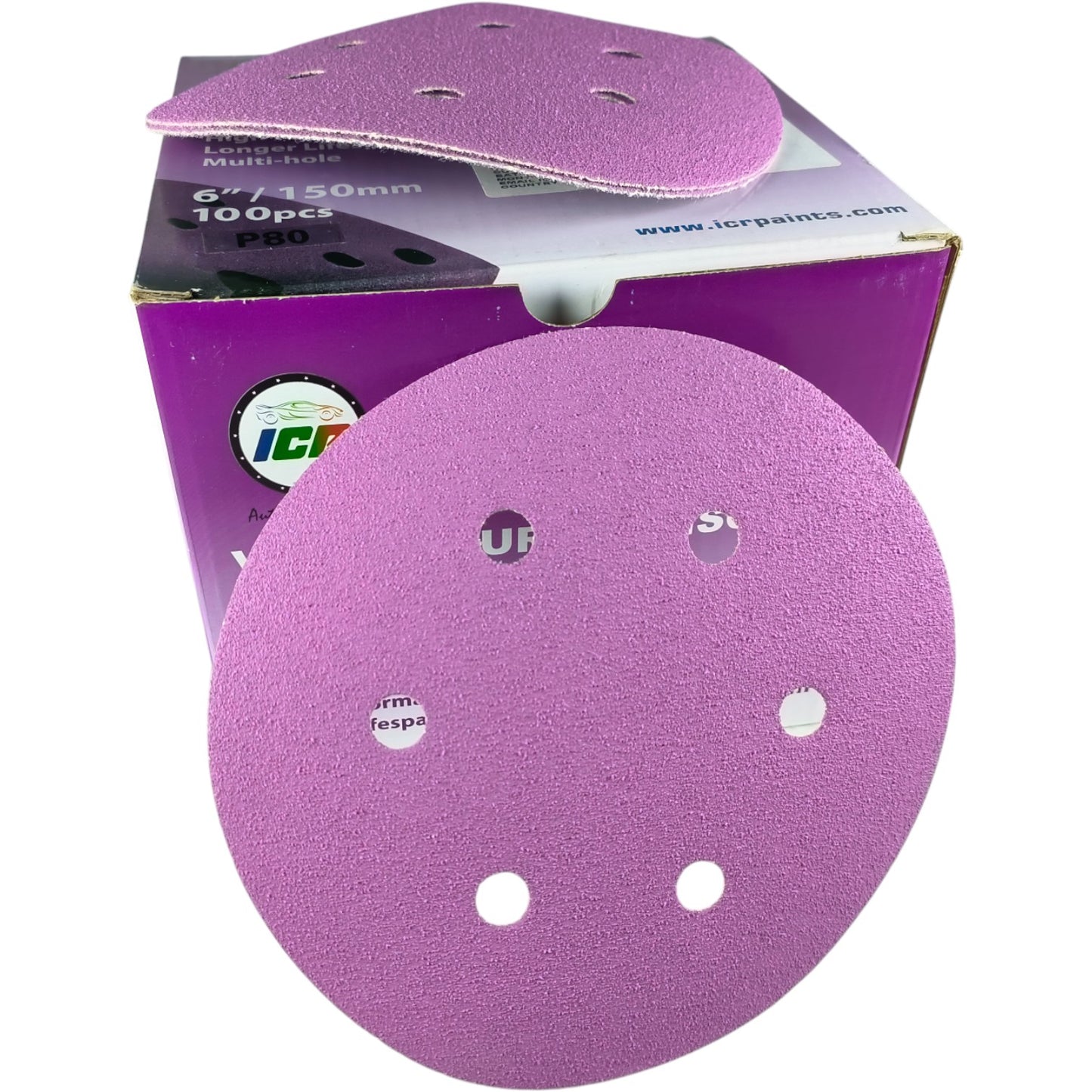 ICR Velcro Purple Disc Sanding Sheets P80 – 6" (150mm), 100pcs, Multi-Hole, High Performance