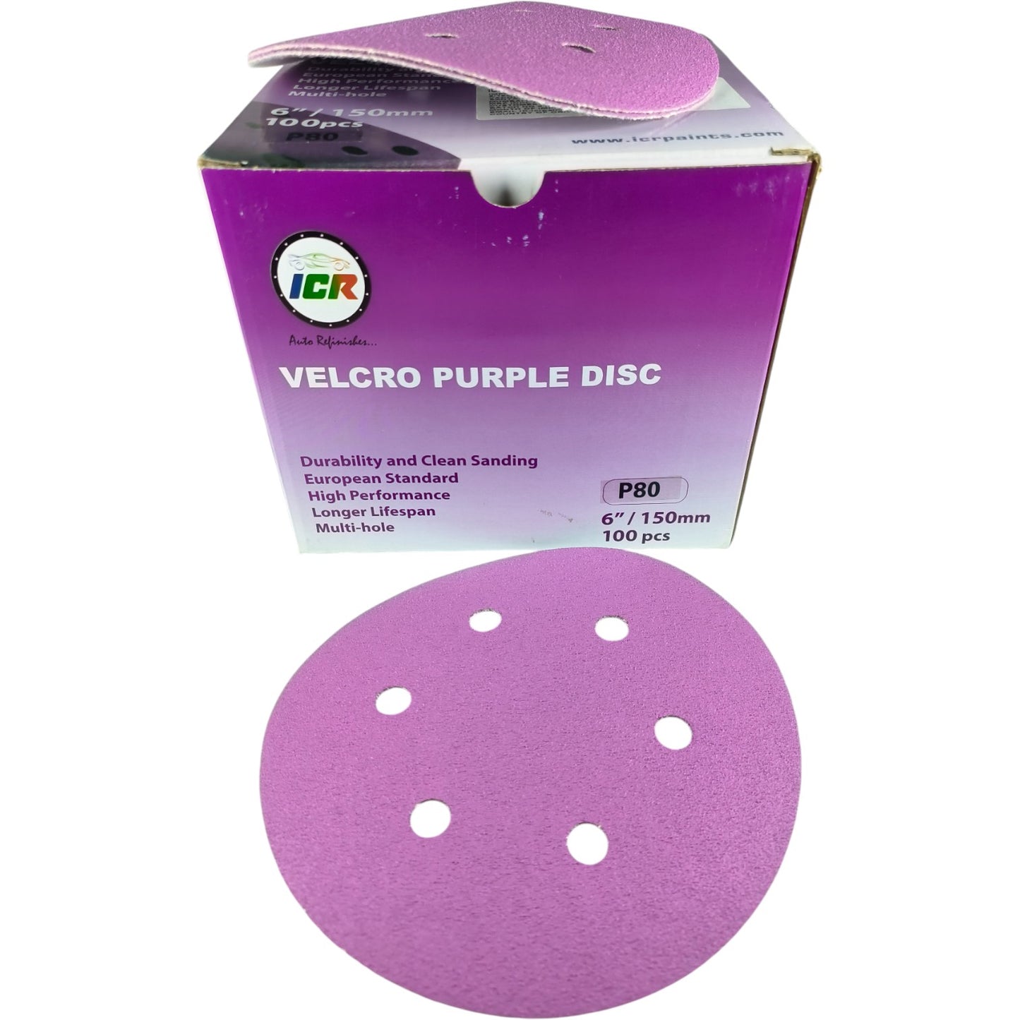 ICR Velcro Purple Disc Sanding Sheets P80 – 6" (150mm), 100pcs, Multi-Hole, High Performance