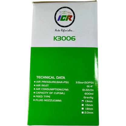 ICR K3006 HVLP Spray Gun – Professional Car Paint Gun, 600ml Cup, Adjustable Nozzle & Pressure