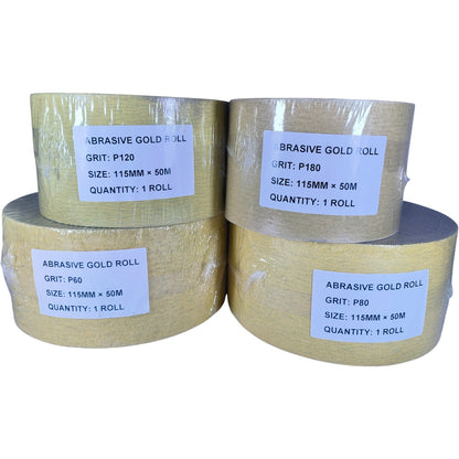 Abrasive Gold Roll –P40  P60, P80, P120, P180 P220 Grits, 115mm x 50m, Professional Sanding Paper