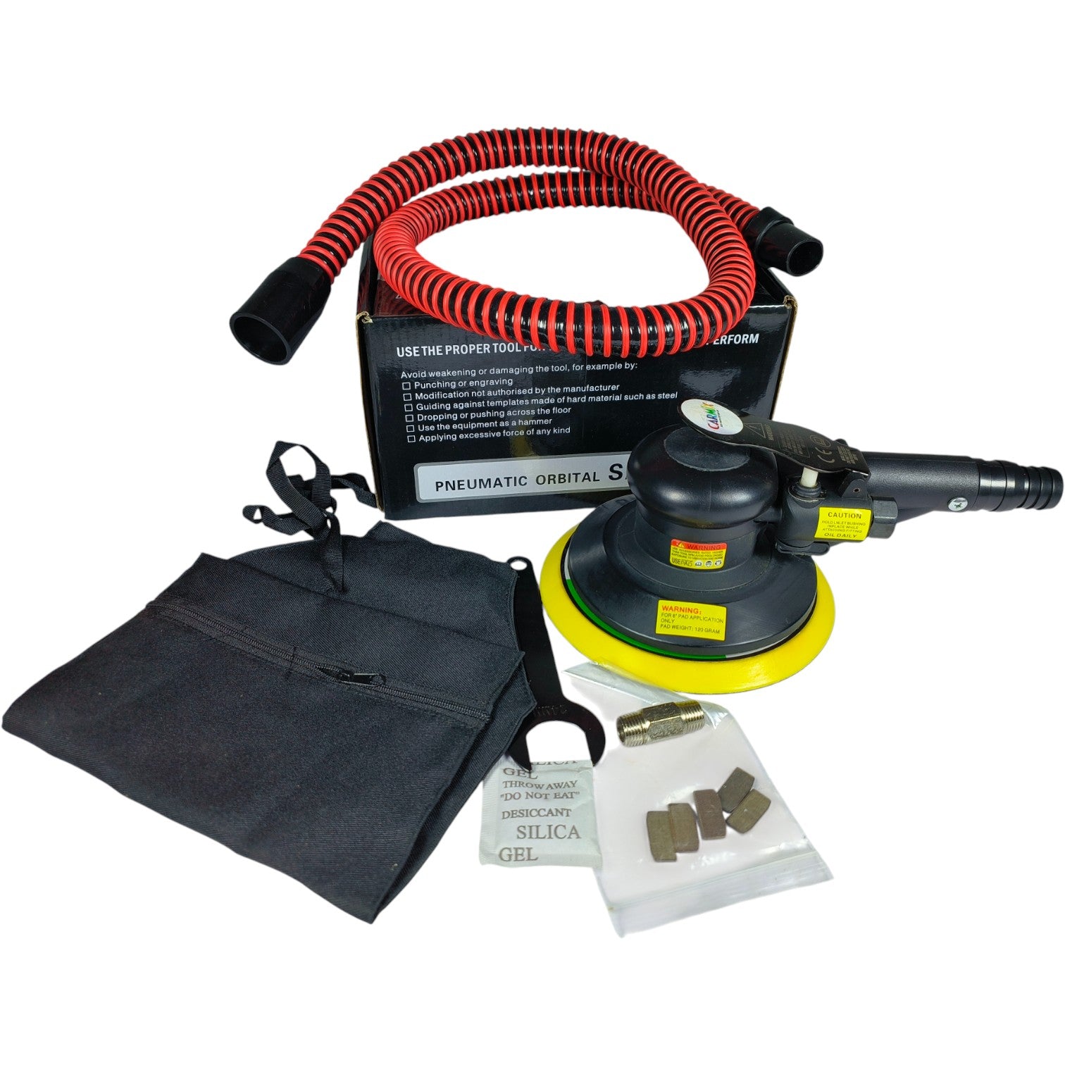 CARMIX 6118 HQ Professional Pneumatic Orbital Sander 6" (150mm) with Vacuum, Hose, Bag & Velcro Pad – Car Body & Wood Polishing Tool