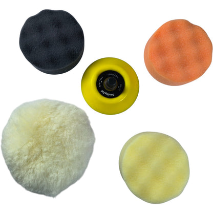 Multi-Stage Polishing Pad Kit – Wool, Foam, Velcro, DA/Rotary Compatible (Set of 5 Pads + Backing Plate)