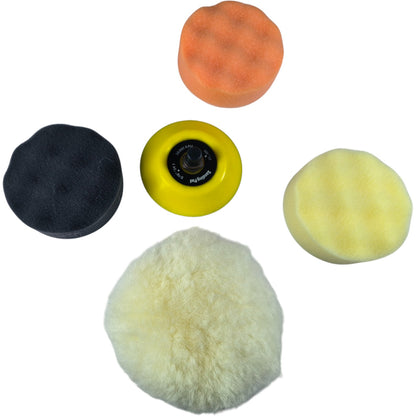 Multi-Stage Polishing Pad Kit – Wool, Foam, Velcro, DA/Rotary Compatible (Set of 5 Pads + Backing Plate)