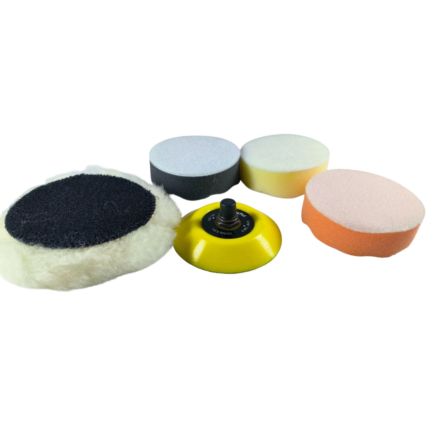 Multi-Stage Polishing Pad Kit – Wool, Foam, Velcro, DA/Rotary Compatible (Set of 5 Pads + Backing Plate)