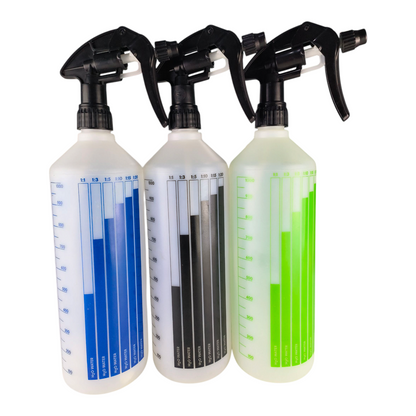 Fra-Ber Color-Coded Chemical-Resistant Spray Bottles (1000ml) – with Dilution Ratio Guide – Blue, Black & Green