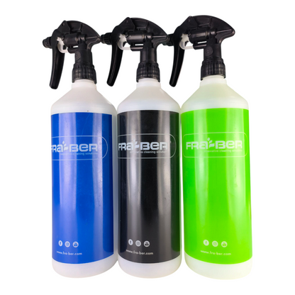 Fra-Ber Color-Coded Chemical-Resistant Spray Bottles (1000ml) – with Dilution Ratio Guide – Blue, Black & Green