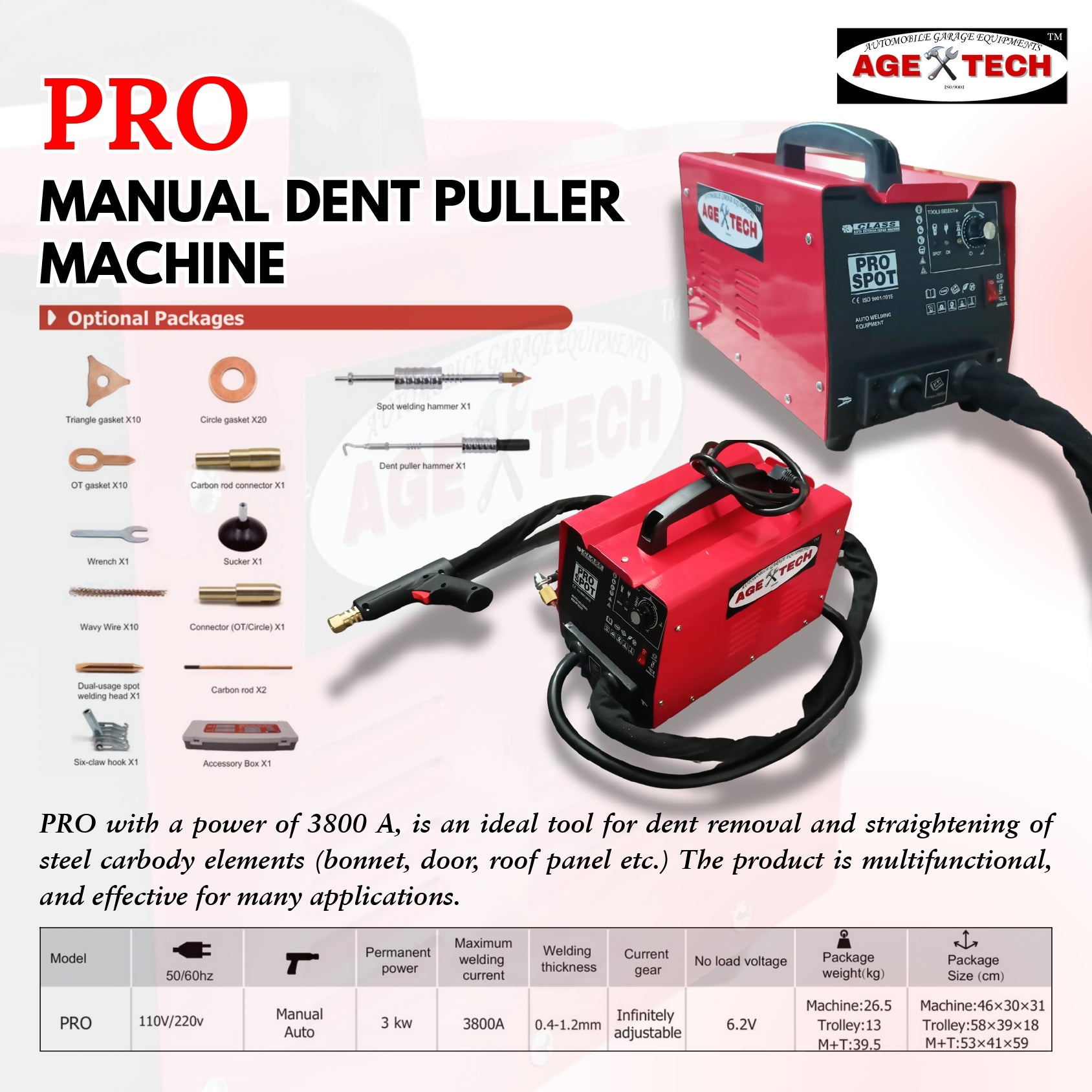 AGE TECH PRO Manual Dent Puller Machine 3800A – 3KW Spot Welding Car Dent Repair Machine with Accessories Kit (110V/220V)